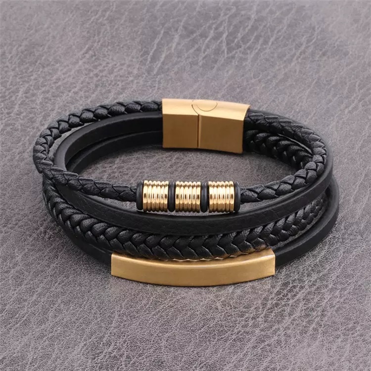 Black Leather Bracelet with Gold Trim – Gear up Gifts