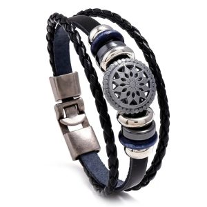Black Leather Sun Style Bracelet