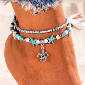 Turquoise Starfish and Turtle Anklet